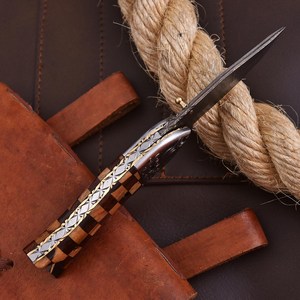 Cupper Damascus Steel Folding <b>Knife</b> <b>Fish</b> Shape Pocket <b>Knife</b> Wooden handle steel engraved booster liner lock - Product Image 4