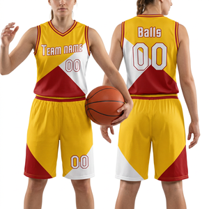 Maillot de basketball personnalisé sublimé jaune, rouge et blanc, col en V, sans manches, en maille respirante, coupe athlétique unisexe adulte, avec nom d'équipe et motifs de ballons - Product Image 5
