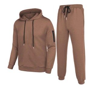 Survêtement à capuche marron pour homme, manches longues, couleur unie, coupe décontractée, polyester et coton, vêtement d'automne avec poches latérales - Product Image 2