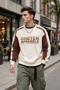 เสื้อสเวตเชิ้ตคอกลมสีเบจ-น้ำตาลสำหรับผู้ชาย แขนยาว สไตล์ลำลอง ตกแต่งด้วยผ้าแบบ Patchwork - Product Image 6