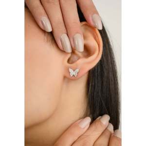 14K Gold Dainty Butterfly Stud <b>Earrings</b> with Turquoise <b>Opal</b> Pearl for Wedding - Product Image 5