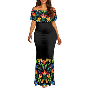 Robe longue mexicaine personnalisée à épaules dénudées, motif floral, style été, sans bretelles, avec manches plissées à volants - Product Image 6