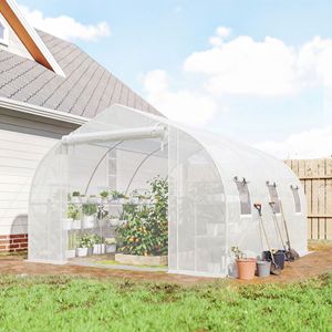 Serra a tunnel da 6FT con ripiani, porta e finestre in rete, copertura in PE, 10FT x 11FT, ecologica, per piante, bianca - Product Image 2