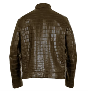 Chaqueta de Cuero PU con Estampado de Cocodrilo Marrón para Hombre, Cuello Alto, Cierre Frontal con Cremallera, Corte Ajustado Informal, Forro de Poliéster Transpirable para Invierno - Product Image 5