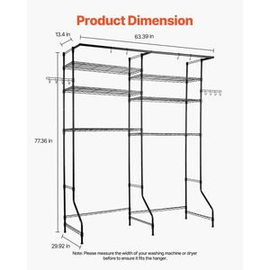 Estante de almacenamiento ajustable para lavadora y secadora de 6 niveles, estante de secado negro para lavandería con ganchos para varilla de suspensión, sistema de almacenamiento para ahorrar espacio - Product Image 2