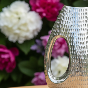 Handcrafted Silver Metal Flower <b>Vase</b> Pitcher Theme Featuring Textured Hammered Finish And <b>Unique</b> Ergonomic Handle For Decoration - Product Image 6
