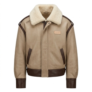 Beige Tan Chocolate <b>Brown</b> Contrast <b>Mens</b> Genuine Shearling <b>Leather</b> <b>Jacket</b> Cream Fur Collar B3 Flight Aviator Pilot Outerwear Coat - Product Image 1