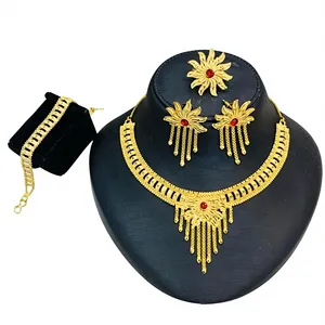 Nuevo Diseño Africano, Juego de Joyería de Latón Chapado en Oro, Collar, Aretes, Pulsera y Anillo para Novia, Joyería de Lujo para Boda, para Mujer - Product Image 1