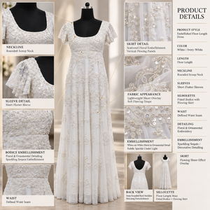 Modern Ivory <b>White</b> Detailed Evening Gown Flutter Sleeve Scoop Neck Floral Sequins | Floor Length A-Line <b>Dress</b> with <b>Sheer</b> Overlay - Product Image 5
