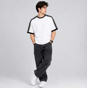Men's White <b>Raglan</b> Sleeve <b>T</b>-<b>Shirt</b> Contrast Trim O-Neck Regular Fit Casual 100% Cotton Quick Dry Breathable Solid Color Blocked - Product Image 2