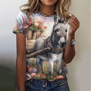 Camiseta con estampado de vaca y burro para mujer, camisetas con estampado 3D de animales y flores, Top de algodón con cuello redondo, moda de verano - Product Image 4
