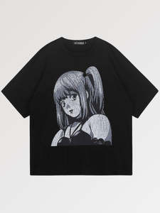 T-shirt court noir pour femme à motif géométrique, col rond, coupe ample, manches courtes, en jersey de coton anti-boulochage - Product Image 1