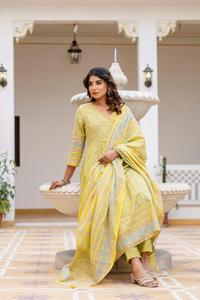 Premium Yellow 60x60 Cotton Angrakha Anarkali Suit Set with Printed <b>Kurta</b> Pants and Elegant Dupatta for <b>Women</b> - Product Image 2