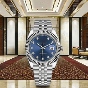 Silver Tone Luxury Sport Stainless Steel <b>Watch</b> High Quality Blue Sunray Dial with <b>Diamond</b> Hour Markers Business Simple Fashion - Product Image 4