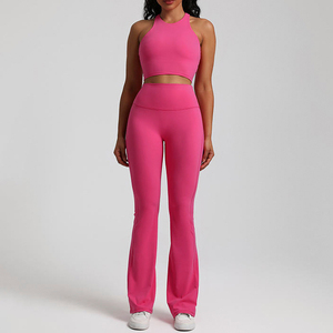 Conjunto de Yoga de 2 Piezas sin Costuras, Top Corto y Leggings de Cintura Alta, Color Sólido, Espalda Cruzada, Sin Mangas, Tela Elástica - Product Image 5