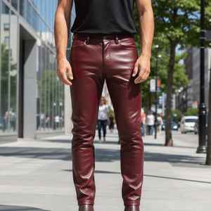 Pantalones de Motociclista de Piel de Cordero Color Borgoña Hechos a Mano para Hombre – Cuero Genuino, Corte Ajustado - Product Image 4