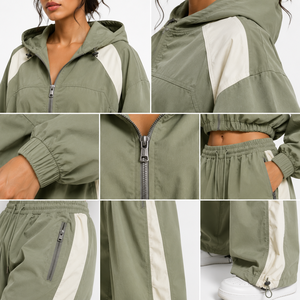 Ensemble de survêtement coupe-vent court pour femme ONE APEX, vert sauge, léger, avec sweat à capuche zippé imprimé et pantalon large 100 % coton - Product Image 6
