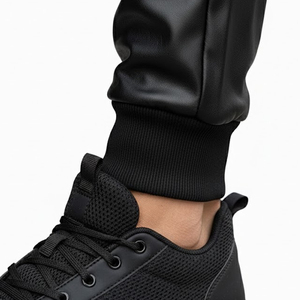 Men's Black Leather Look Hooded Tracksuit Set Full Sleeve Drawstring Sweatshirt <b>Jogger</b> Pants Solid Color Casual Autumn Wear - Product Image 5