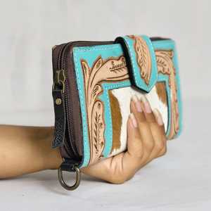Cartera de Mano con Cierre de Cremallera y Correa para Muñeca, de Cuero Vacuno Genuino con Diseño Floral Occidental, Anti-Robo, para Mujer - Elegante y Vintage - Product Image 5