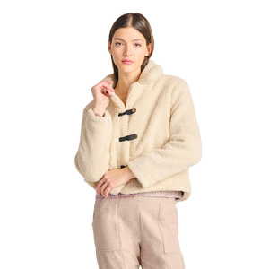 Women's Cream <b>Fleece</b> <b>Jacket</b> With Shawl Collar And Covered Buttons <b>Warm</b> Winter Outerwear Short Length Full Sleeve - Product Image 1