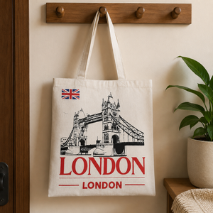 Eco Friendly London Cotton Canvas Tote <b>Bag</b> | Tower Bridge Printed Reusable Shopping <b>Bag</b> Promotional Souvenir Tote Long Handles - Product Image 5