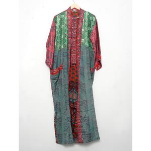 Multi-Colour Up-cycled Sleepwear Vintage Silk Saree Floral Kimono Indian Handmade Maxi Gown Dress Style Knee Length Bathrobe - Product Image 2