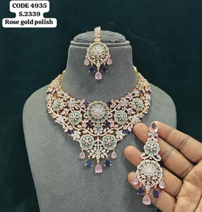 Elegant Rose Gold Finish <b>Floral</b> Cluster Statement Necklace Set Teardrop Tassel Bridal Wedding Jewelry Earrings And Mang Tika Set - Product Image 4