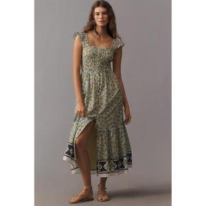 ชุดเดรสลำลองสไตล์โบฮีเมียนลายดอกไม้สำหรับผู้หญิง  ผ้าฝ้ายรอยัลซีคอตตอน  ทรงเอวธรรมชาติ  ความยาวปานกลาง  ลายเรียบหรู - Product Image 1