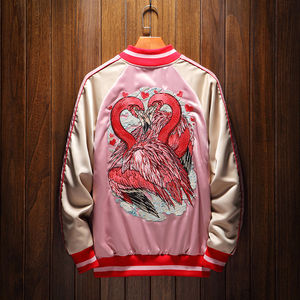 Chaqueta Casual Sukajan con Estampado de Flamencos y Corazones, Estilo Hip Hop, Primavera, Lona Delgada Recubierta, para Invierno, Servicio OEM Disponible - Product Image 1