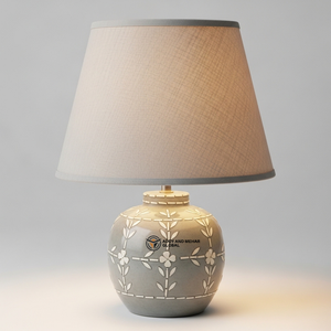 Lampe en os incrusté de style designer |   Lampe de table de luxe à base carrée avec incrustation florale et abat-jour neutre - Product Image 1