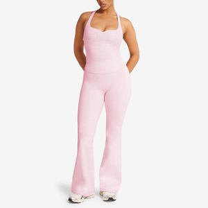 Ensemble 2 pièces pour femme, taille élastique, pantalon évasé taille haute, effet push-up, pour gym, fitness, yoga, séchage rapide, respirant, imprimé, design personnalisé, OEM - Product Image 6
