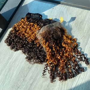 Prix de gros 100% Cheveux humains vierges bruts vietnamiens, tissage en dentelle, boucles pixie, trois tons, couleur jaune, super double drawn, extensions de cheveux - Product Image 5