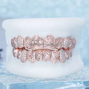 Fancy Designer Style Hip Hop Diamond Grillz Diamond and Engraving Style Combination Full Top Bottom Grillz <b>Silver</b> Teeth Jewelry - Product Image 2