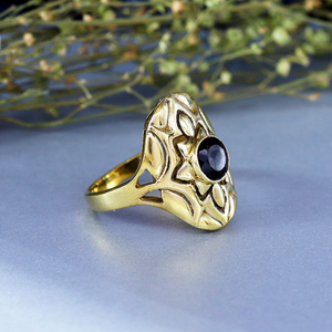 Onyx Floral Statement <b>Ring</b> | <b>Gold</b> Plated Brass <b>Cocktail</b> - Product Image 4