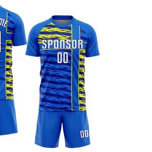 Ensemble de maillots de football personnalisés sublimés, bleu et jaune rayé, manches courtes, évacuation de l'humidité, 100% polyester respirant, uniforme pour hommes - Product Image 2