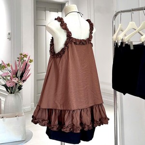 Ensemble short et haut sexy marron en mousseline de soie sans manches à col en V et volants pour femme – Tenue décontractée printemps-été respirante et à séchage rapide, coupe classique - Product Image 3