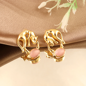 18k gold plated pink <b>cats</b> eyes pink quartz gemstone stud animal <b>earring</b> trendy unique fashion jewelry gift for birthday - Product Image 2