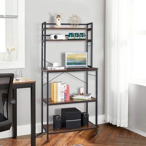 5-Tier Rustic Brown Kitchen Bakers <b>Rack</b> 10 S-Shaped Hooks Free Standing Industrial Microwave Oven Stand <b>Utility</b> Cart Storage - Product Image 5