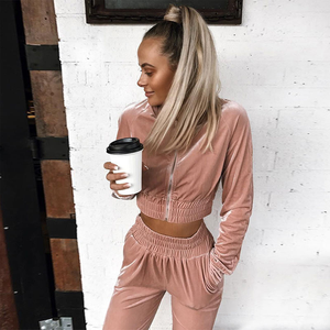 Ensemble deux pièces uni en velours chaud pour femme : haut zippé et pantalon de survêtement - Product Image 1