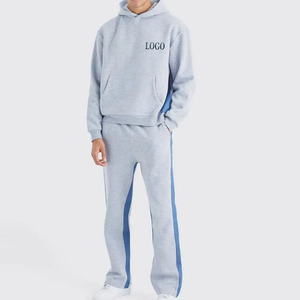 Ensemble de survêtement unisexe gris clair à capuche avec bandes latérales bleues, pantalon de survêtement et sweat-shirt en coton de couleur unie, décontracté et long - Product Image 1