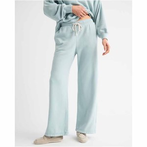 Pantalon de survêtement en molleton pour femme, bleu clair, coupe large, taille mi-haute élastique, confortable, décontracté, longueur intégrale, couleur unie, coupe ample en coton - Product Image 5