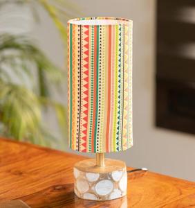 Contemporary Wooden Table Lamp with Multicolored Fabric Cylindrical Shade for Bedroom <b>Decorative</b> <b>Lighting</b> - Product Image 2