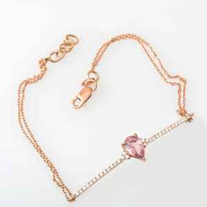 Bracelet Manchette en Argent Sterling 925 Plaqué Or Rose 14K avec Saphir Rose Poire, Bijou Pierre de Naissance, Cadeau - Product Image 3