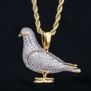 Collier Pendentif Hip Hop Oiseau Colombe Luxe Sertie de Pierres, en Argent Sterling 925 Plaqué Or, Breloque pour Hommes et Femmes, Bijoux Personnalisés, Vente en Gros - Product Image 1
