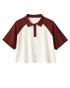 Custom <b>Maroon</b> And White Women Cropped Polo T Shirt Raglan Sleeve Casual Cotton <b>Top</b> Button Placket Summer Fashion Streetwear Tee - Product Image 1