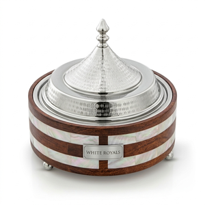 Nacre Accented Wooden Casserole Food Server Double Walled With Mother Pearl Inlay Thermal Hotpot for Traditional Gulf Banquets - Product Image 1