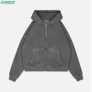 เสื้อฮู้ดซิปผู้ชาย สีดำ ผ้าฝ้าย 100% สีพื้น ผ้าเฟรนช์เทอร์รี่ สวมใส่สบายๆ ในฤดูใบไม้ร่วง น้ำหนัก 350 GSM ผ้าหนา ซักย้อมแบบแอซิดวอช - Product Image 3