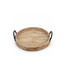Plateau de rangement rond en bois avec poignées en laiton, design minimaliste, à un seul niveau, pour table, finition brute - Product Image 2