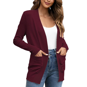 Cárdigan de Mujer de Alta Calidad, Manga Larga, Cuello en V, con Bolsillos, Tejido de Punto Acanalado, Abierto por Delante, Color Sólido, para Otoño - Product Image 1