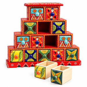Boîte à bijoux en bois et poterie bleue artisanale |   Armoire de rangement à bijoux rectangulaire à 4 niveaux peinte à la main multifonctionnelle |   Indien - Product Image 1